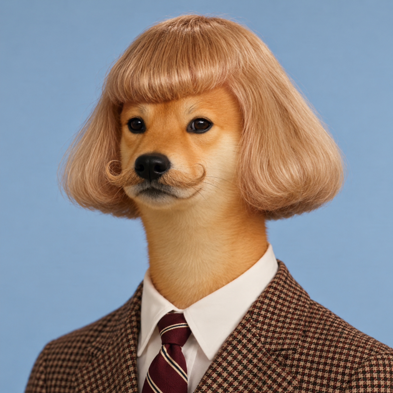 Jean Philinu, a Shiba Inu in a retro portrait with a neat bob haircut and suit